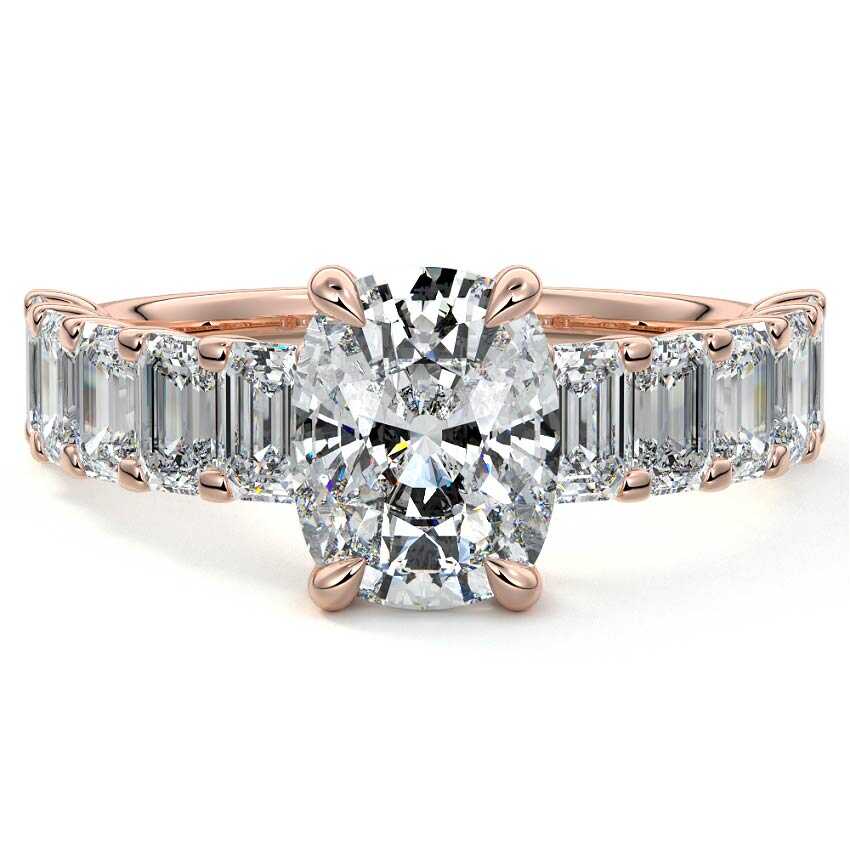 Rose gold Cushion Diamond Engagement Ring with Emerald-Cut Side Stones and Prong Setting
