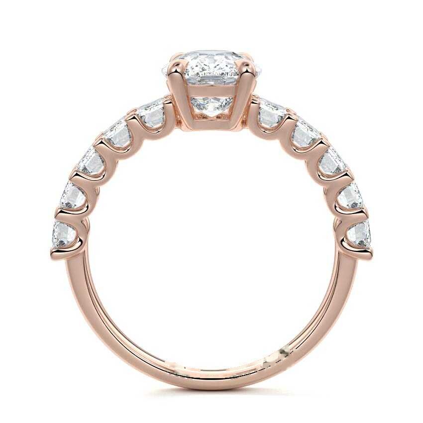 Rose gold Cushion Diamond Engagement Ring with Emerald-Cut Side Stones and Prong Setting 