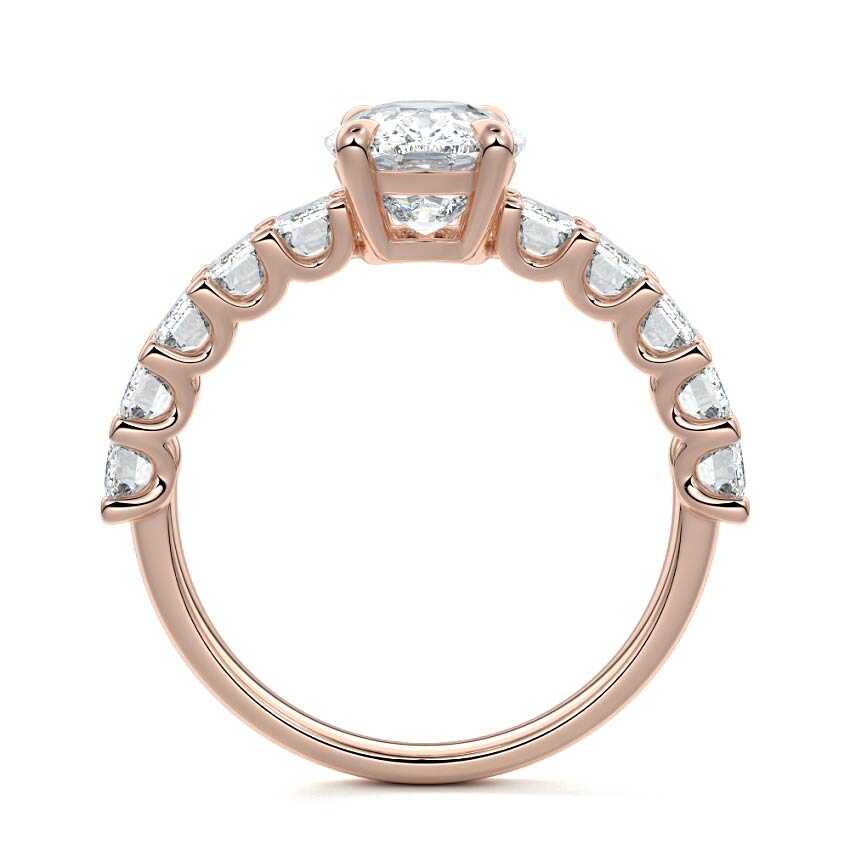 Rose gold Cushion Diamond Engagement Ring with Emerald-Cut Side Stones and Prong Setting