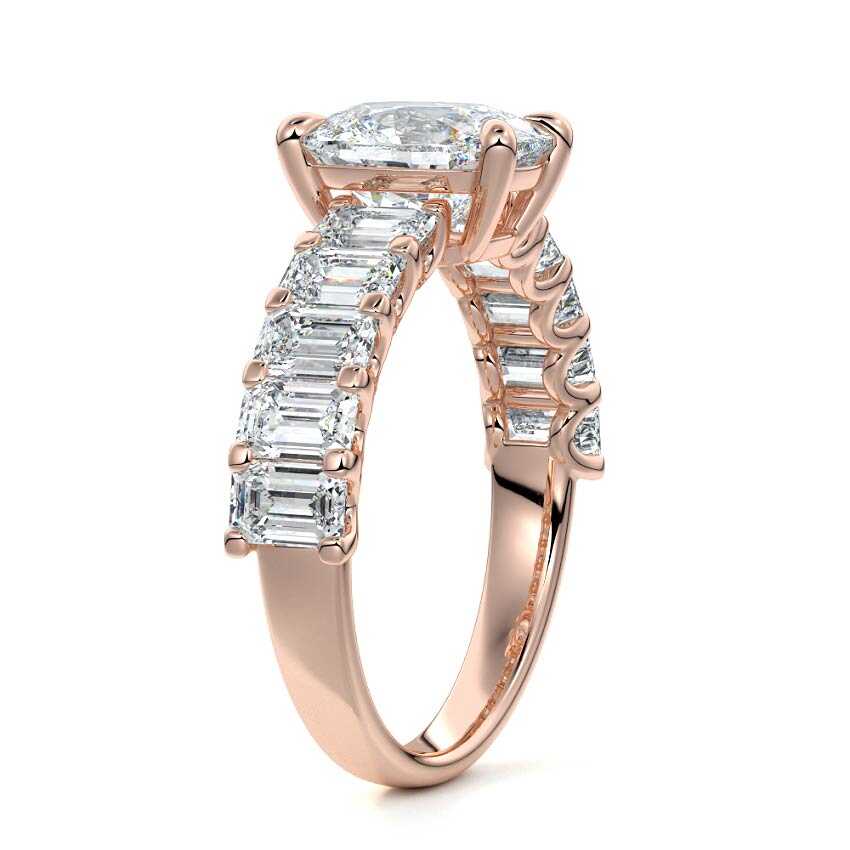 Rose gold Cushion Diamond Engagement Ring with Emerald-Cut Side Stones and Prong Setting