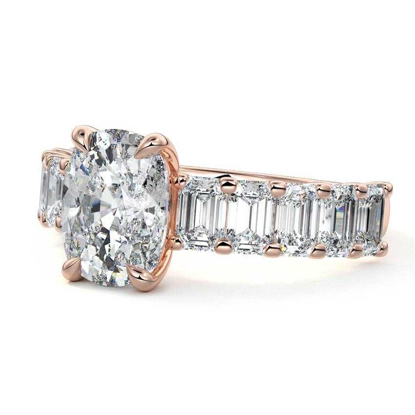 Rose gold Cushion Diamond Engagement Ring with Emerald-Cut Side Stones and Prong Setting