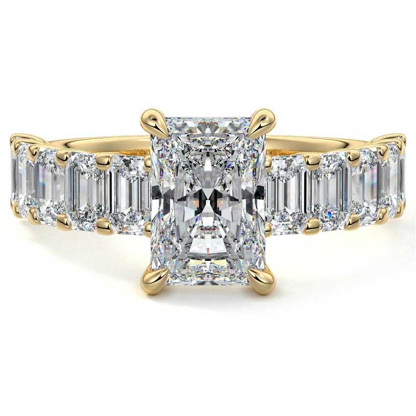 Yellow gold Radiant Diamond Engagement Ring with Emerald-Cut Side Stones and Prong Setting