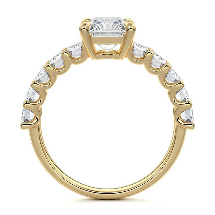 Yellow gold Radiant Diamond Engagement Ring with Emerald-Cut Side Stones and Prong Setting
