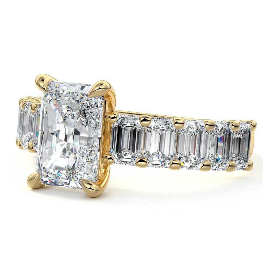 Yellow gold Radiant Diamond Engagement Ring with Emerald-Cut Side Stones and Prong Setting