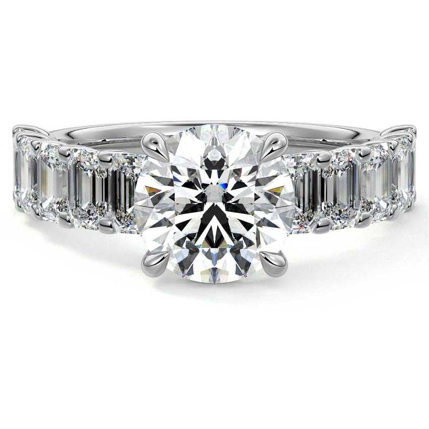 Silver Round Diamond Engagement Ring with Emerald-Cut Side Stones and Prong Setting
