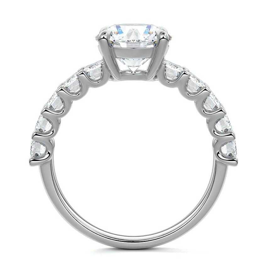 Silver Round Diamond Engagement Ring with Emerald-Cut Side Stones and Prong Setting