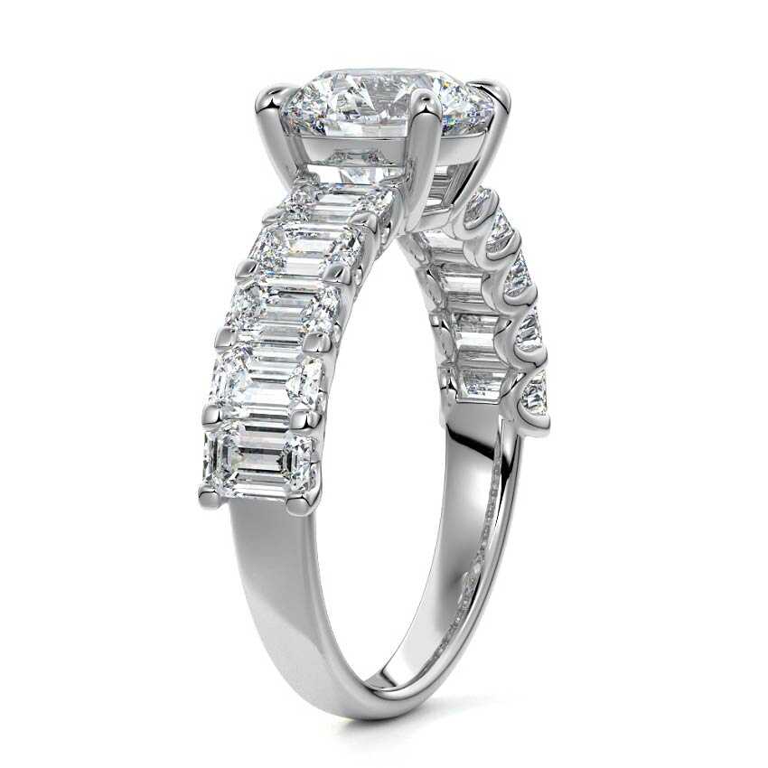 Silver Round Diamond Engagement Ring with Emerald-Cut Side Stones and Prong Setting