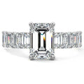 Silver Emerald Diamond Engagement Ring with Emerald-Cut Side Stones and Prong Setting