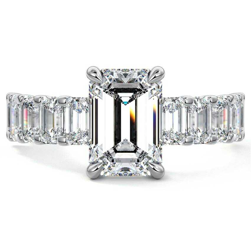 Silver Emerald Diamond Engagement Ring with Emerald-Cut Side Stones and Prong Setting