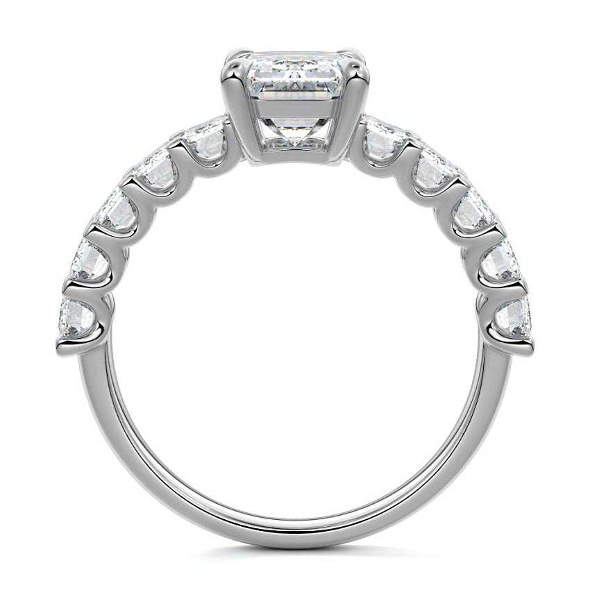 Silver Emerald Diamond Engagement Ring with Emerald-Cut Side Stones and Prong Setting
