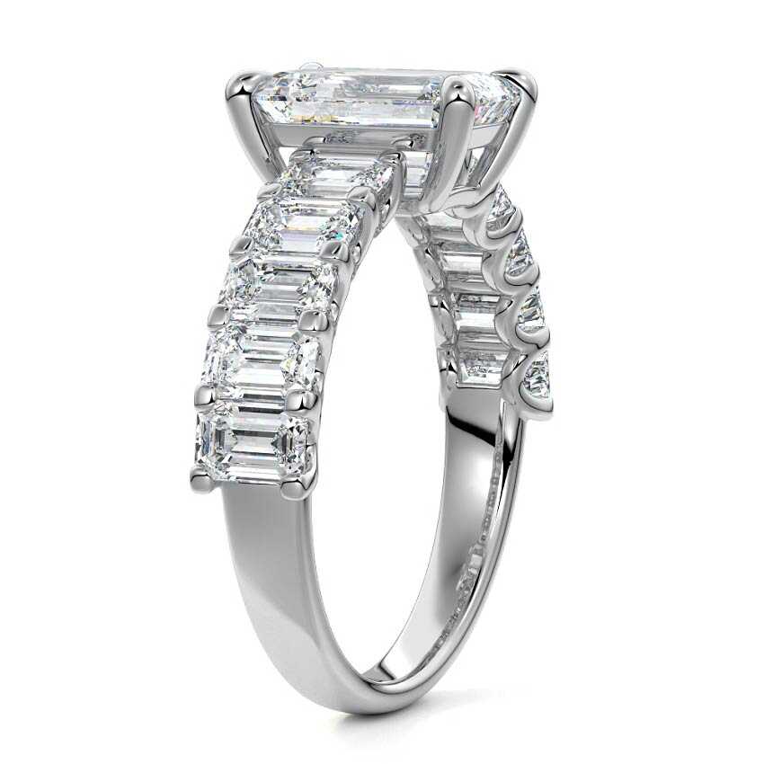 Silver Emerald Diamond Engagement Ring with Emerald-Cut Side Stones and Prong Setting