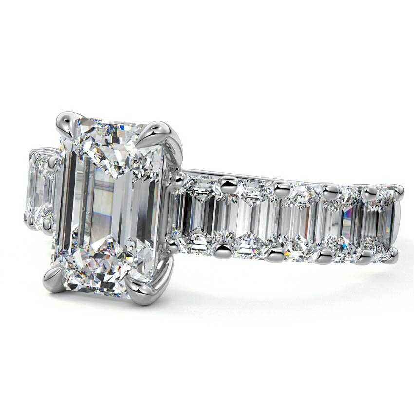 Silver Emerald Diamond Engagement Ring with Emerald-Cut Side Stones and Prong Setting