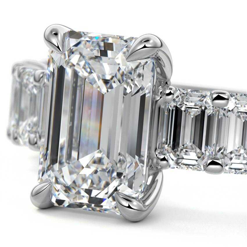 Silver Emerald Diamond Engagement Ring with Emerald-Cut Side Stones and Prong Setting