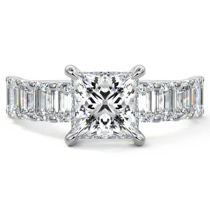 Platinum Princess Diamond Engagement Ring with Emerald-Cut Side Stones and Prong Setting