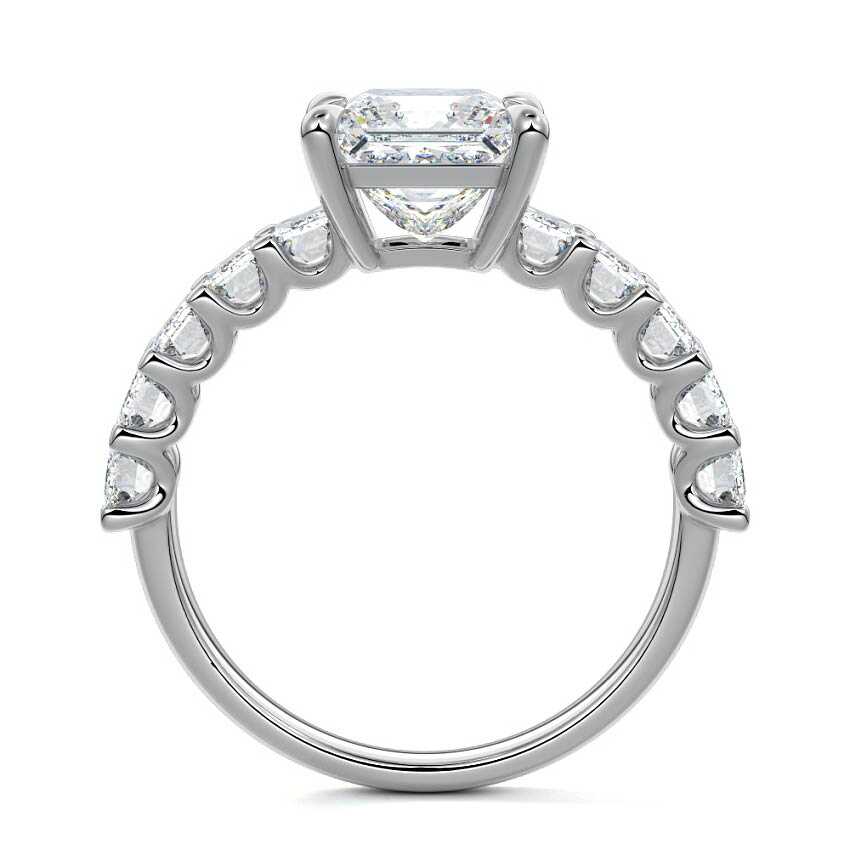 Platinum Princess Diamond Engagement Ring with Emerald-Cut Side Stones and Prong Setting