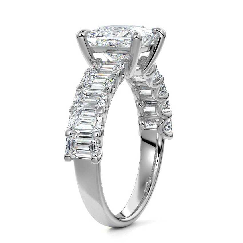 Platinum Princess Diamond Engagement Ring with Emerald-Cut Side Stones and Prong Setting