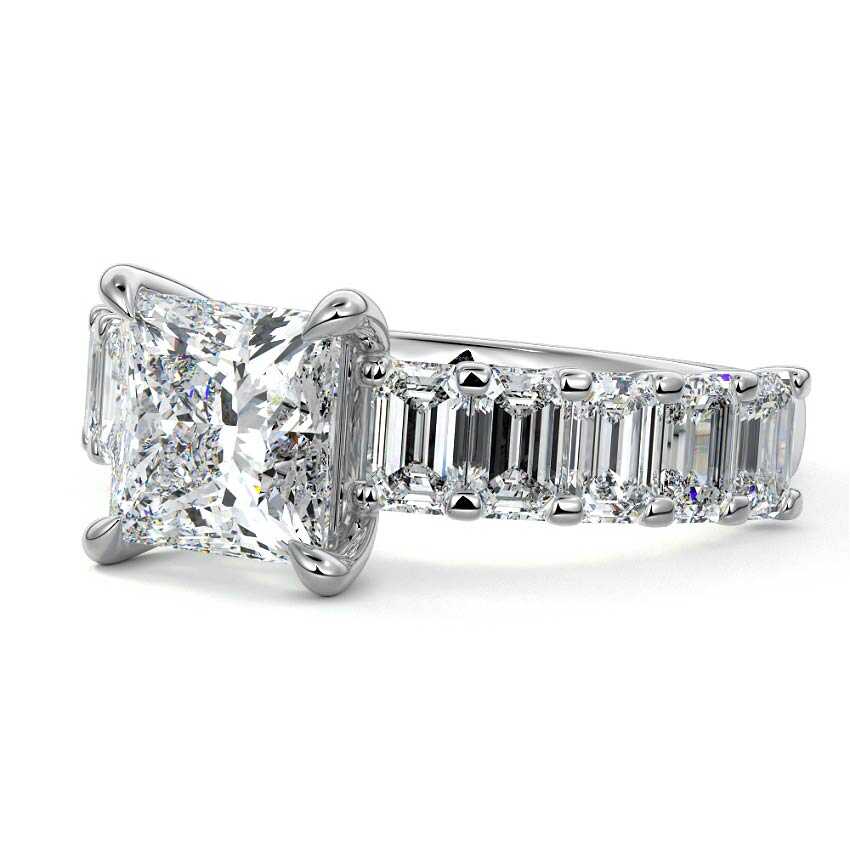 Platinum Princess Diamond Engagement Ring with Emerald-Cut Side Stones and Prong Setting