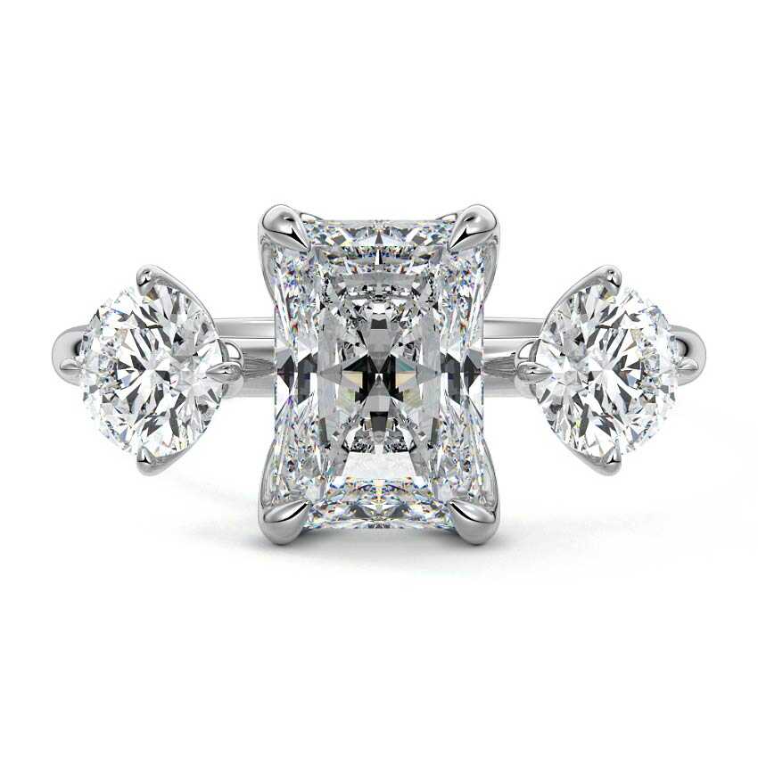 Silver Radiant Diamond Three-Stone Ring with Round Side Stones