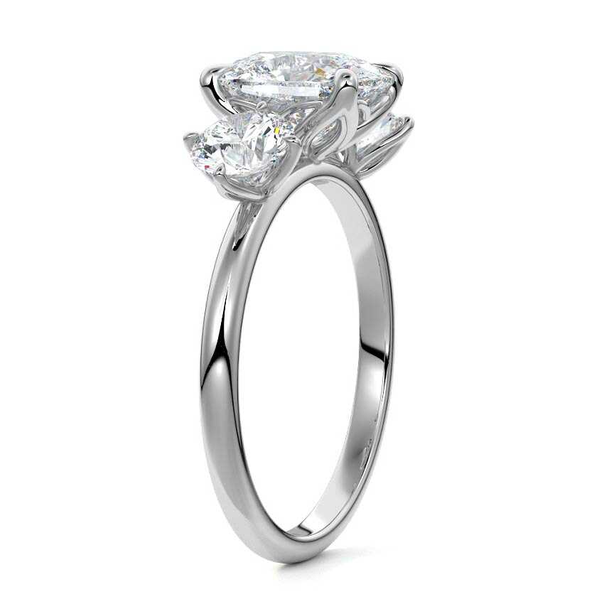 Silver Cushion Diamond Three-Stone Ring with Round Side Stones