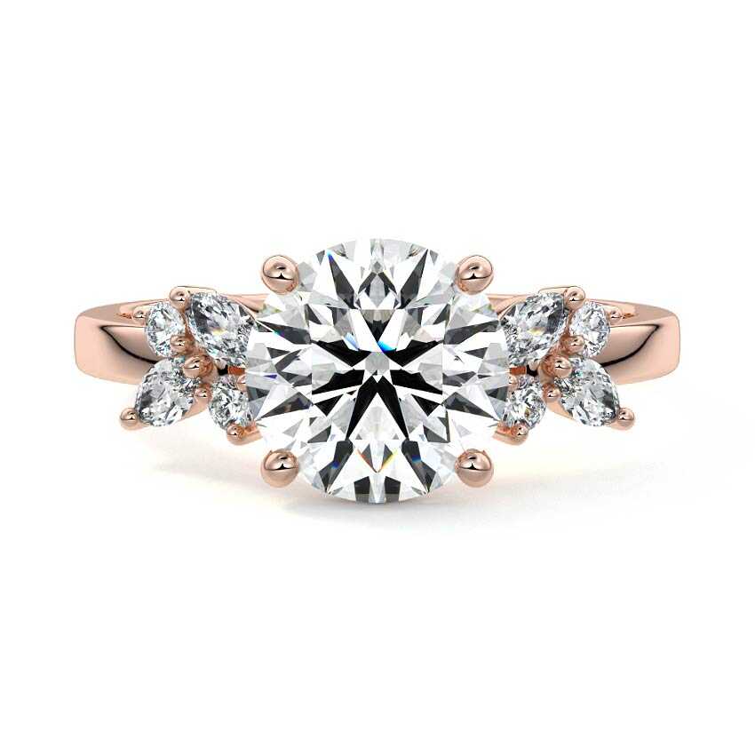 Rose gold Round Diamond Side Stone Ring with Cluster Marquise and Round Accents