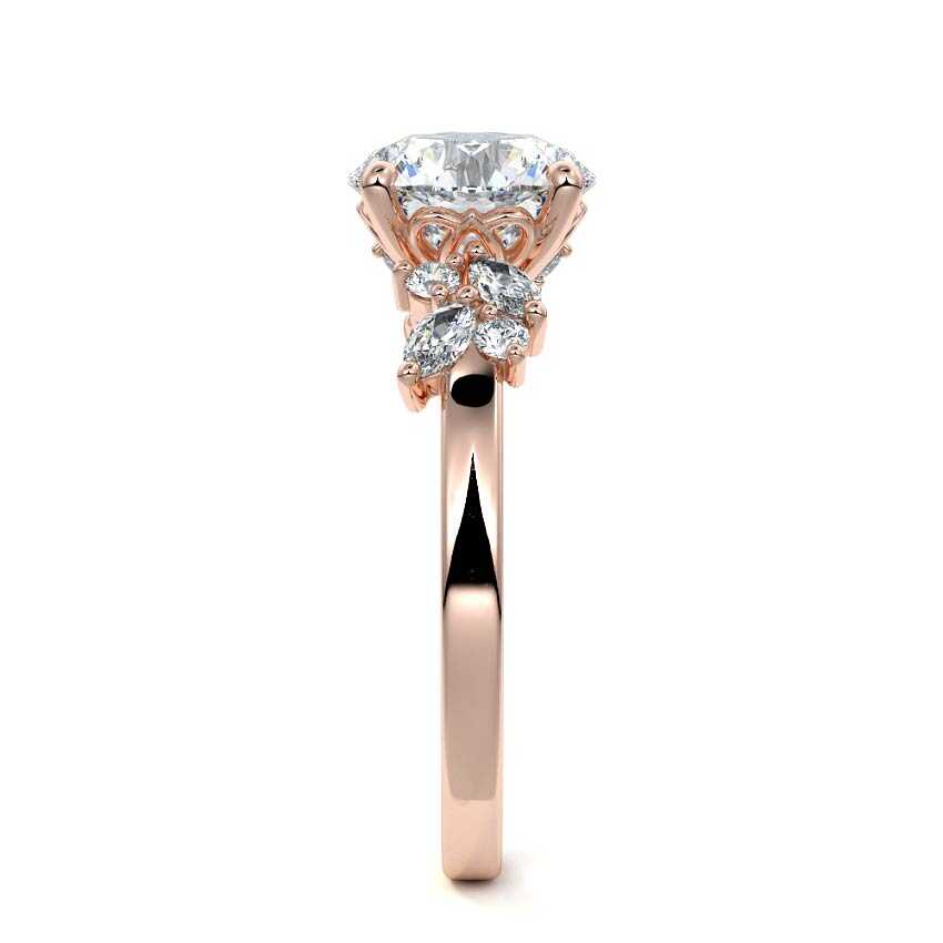 Rose gold Round Diamond Side Stone Ring with Cluster Marquise and Round Accents