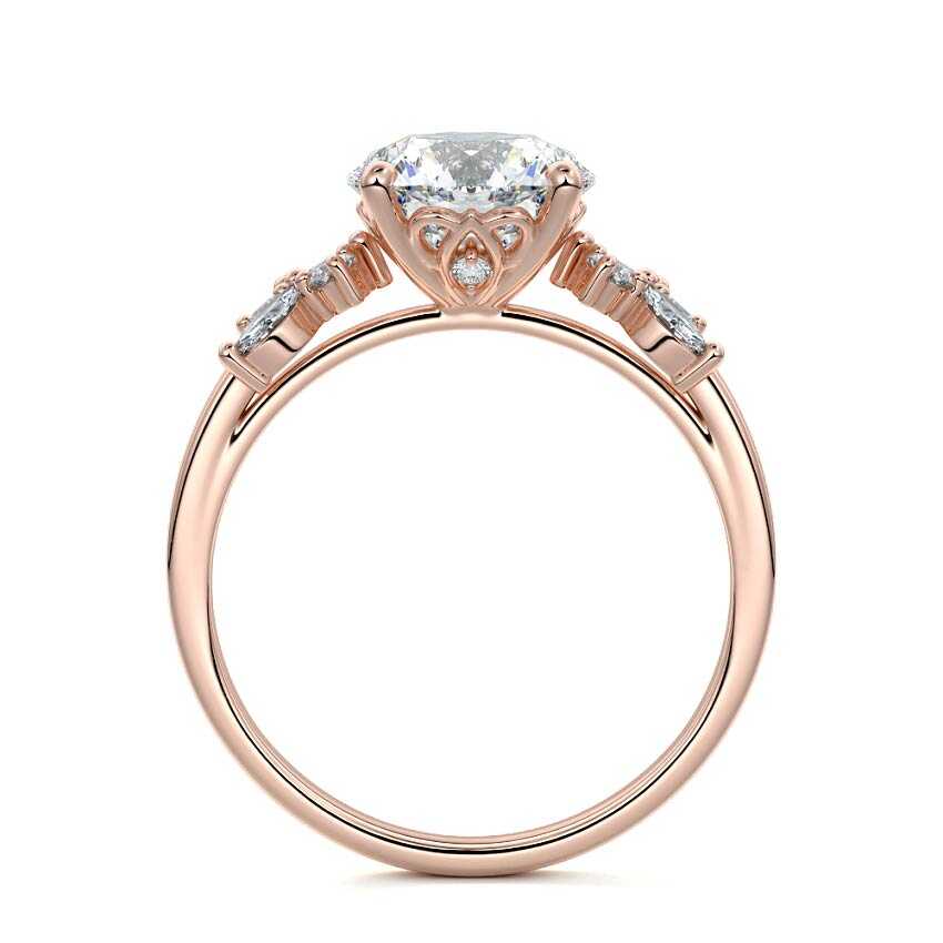 Rose gold Round Diamond Side Stone Ring with Cluster Marquise and Round Accents