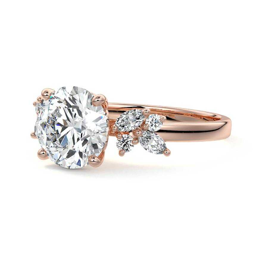 Rose gold Round Diamond Side Stone Ring with Cluster Marquise and Round Accents