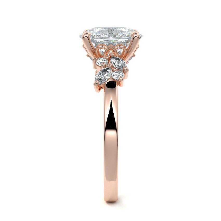 Rose gold Cushion Diamond Side Stone Ring with Cluster Marquise and Round Accents
