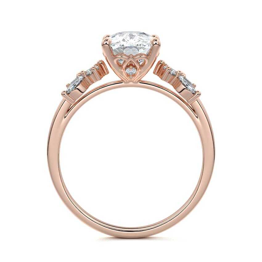 Rose gold Cushion Diamond Side Stone Ring with Cluster Marquise and Round Accents