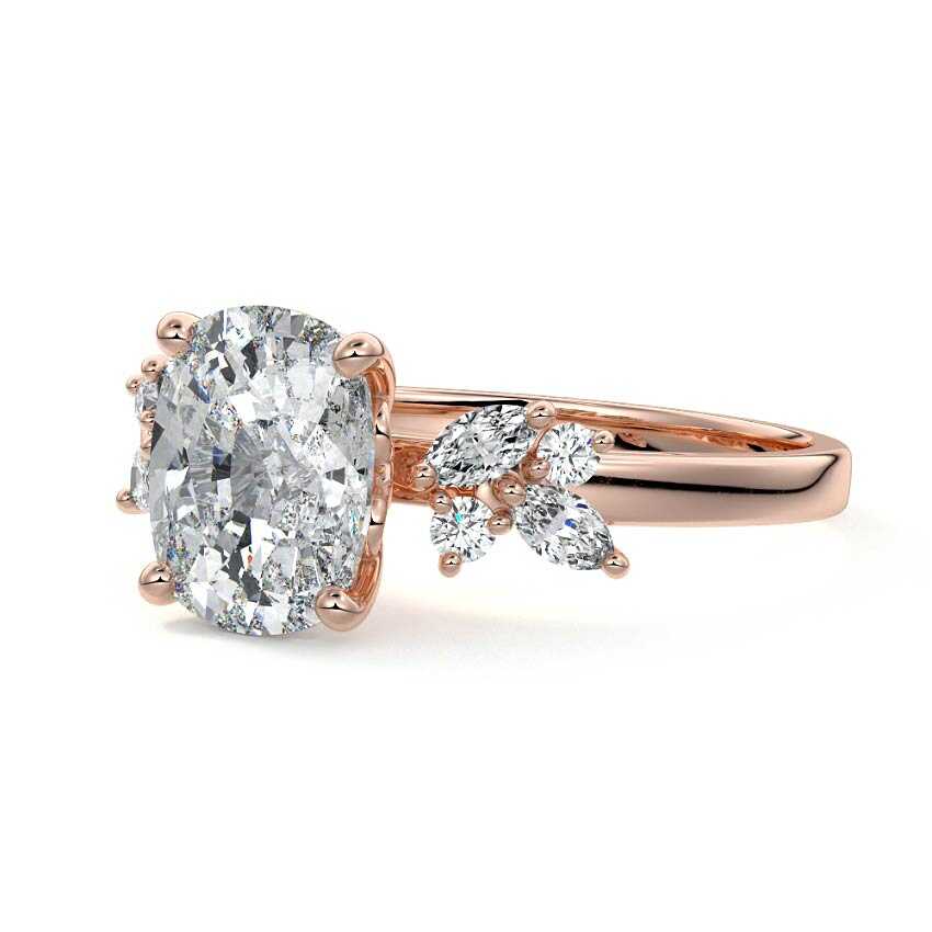 Rose gold Cushion Diamond Side Stone Ring with Cluster Marquise and Round Accents
