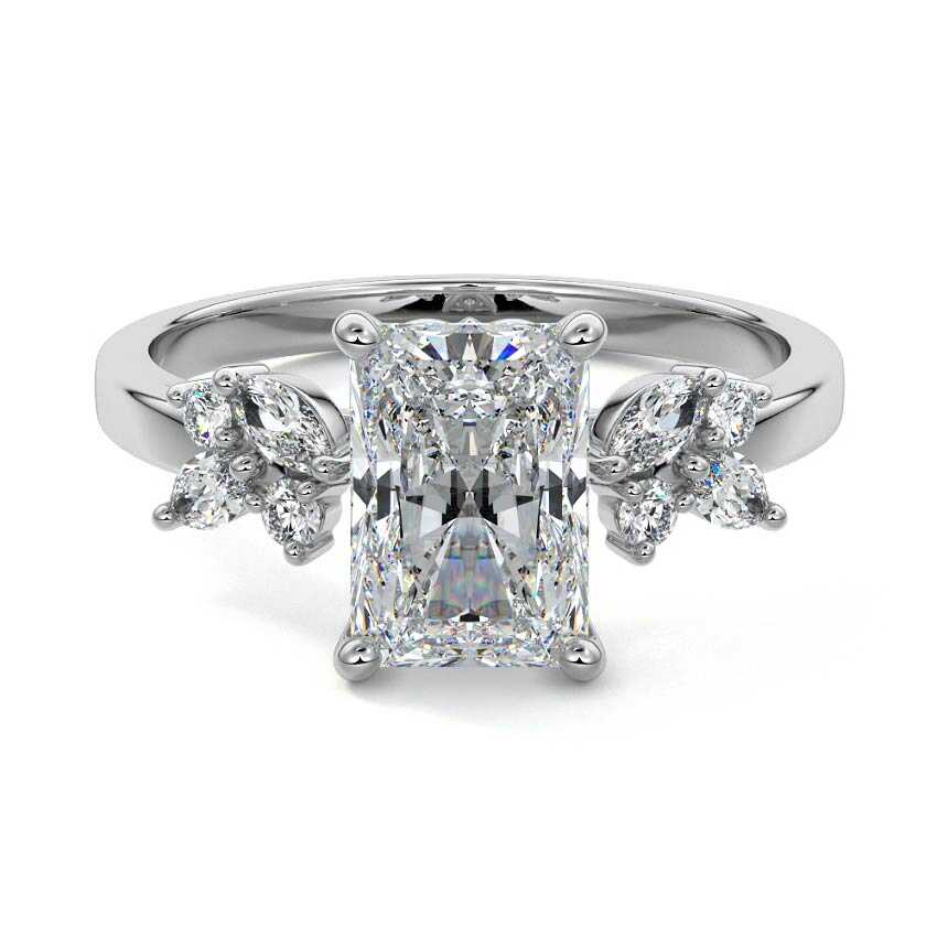 White gold Radiant Diamond Side Stone Ring with Cluster Marquise and Round Accents