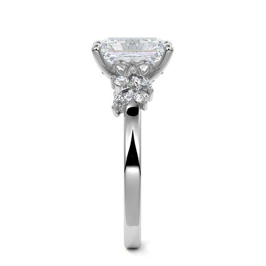 White gold Radiant Diamond Side Stone Ring with Cluster Marquise and Round Accents