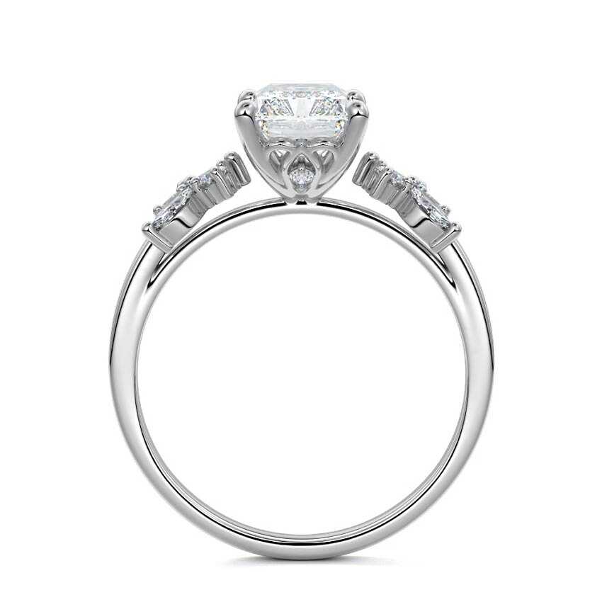 White gold Radiant Diamond Side Stone Ring with Cluster Marquise and Round Accents