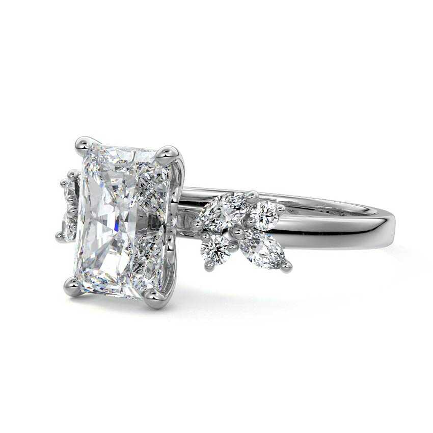 White gold Radiant Diamond Side Stone Ring with Cluster Marquise and Round Accents