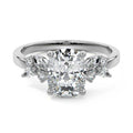 Silver Cushion Diamond Side Stone Ring with Cluster Marquise and Round Accents