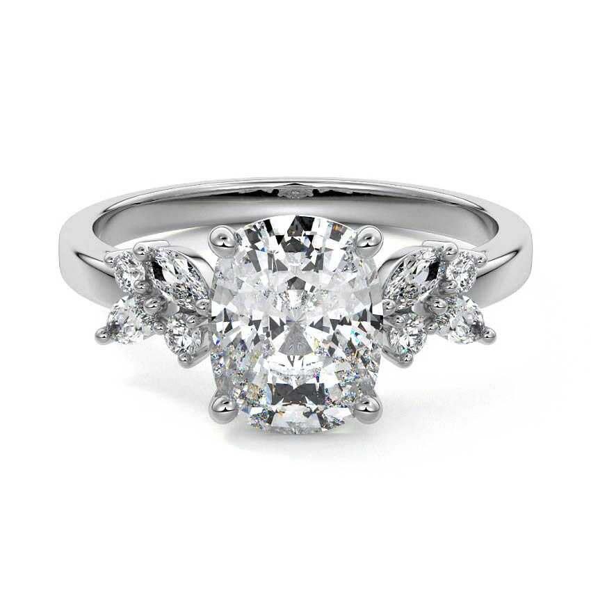 Silver Cushion Diamond Side Stone Ring with Cluster Marquise and Round Accents