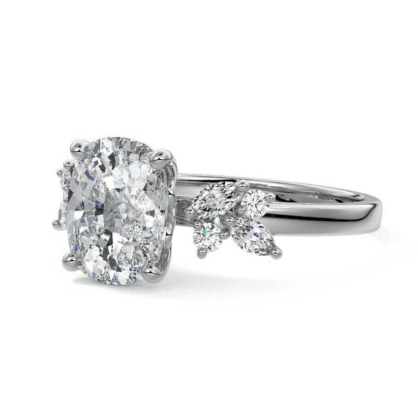 Silver Cushion Diamond Side Stone Ring with Cluster Marquise and Round Accents