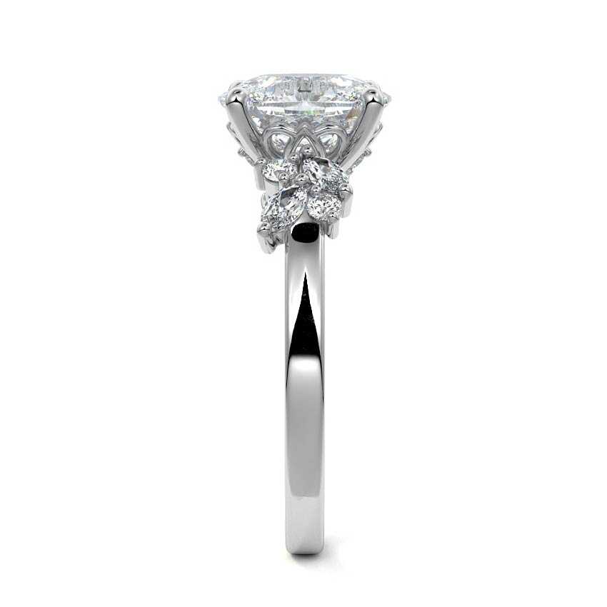 Silver Cushion Diamond Side Stone Ring with Cluster Marquise and Round Accents