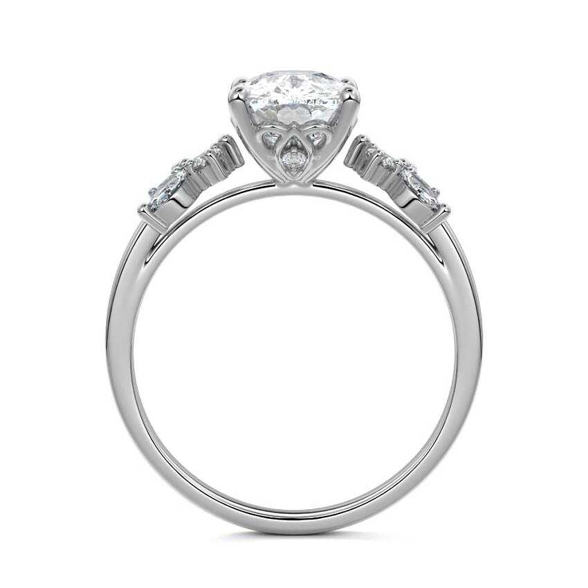 Silver Cushion Diamond Side Stone Ring with Cluster Marquise and Round Accents