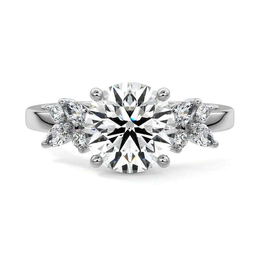 Platinum Round Diamond Side Stone Ring with Cluster Marquise and Round Accents