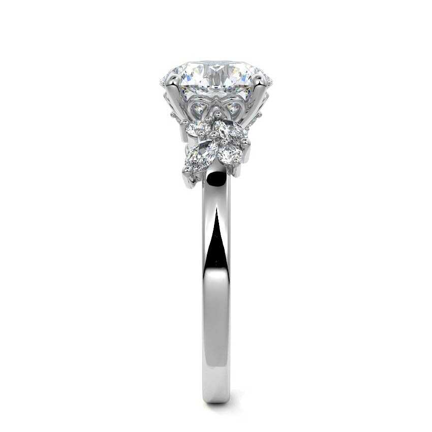 Platinum Round Diamond Side Stone Ring with Cluster Marquise and Round Accents
