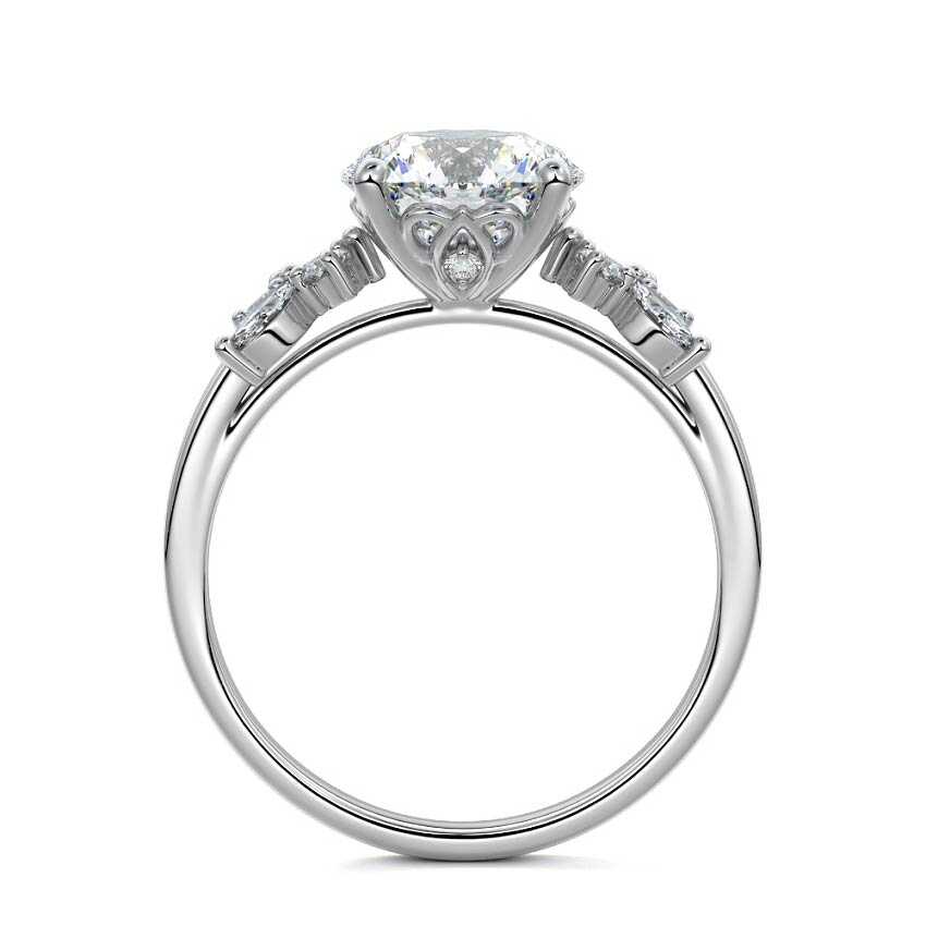 Platinum Round Diamond Side Stone Ring with Cluster Marquise and Round Accents