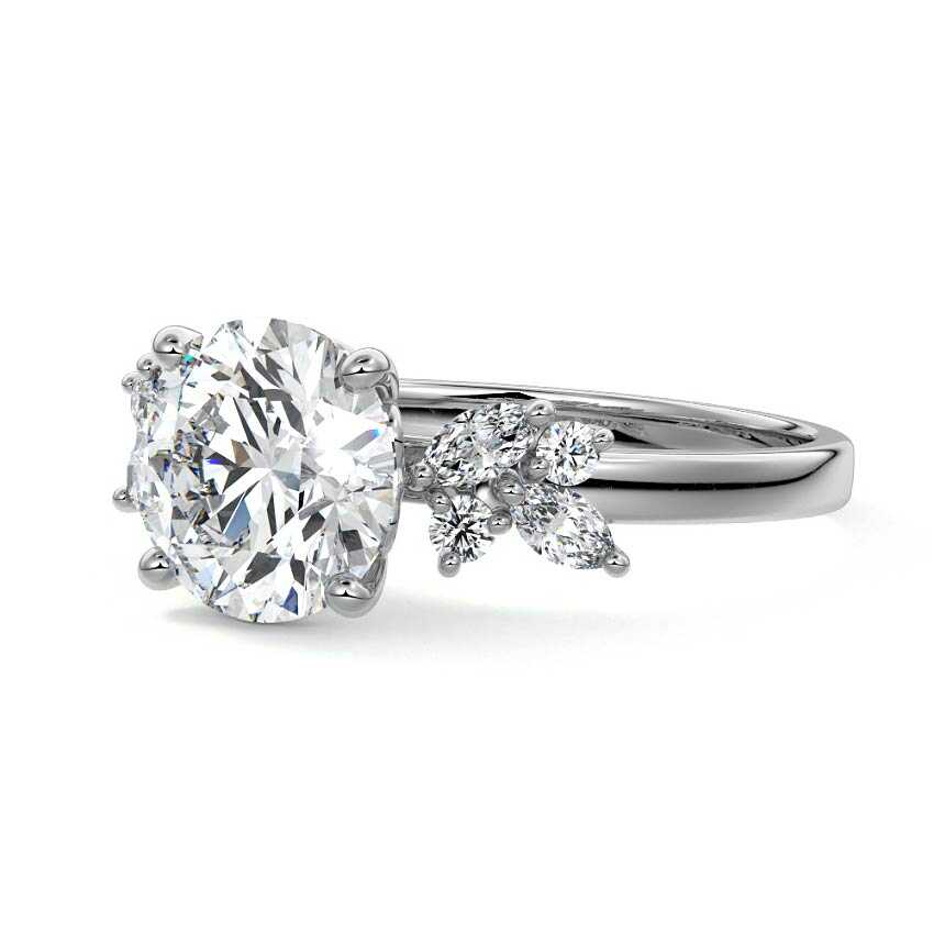 Platinum Round Diamond Side Stone Ring with Cluster Marquise and Round Accents