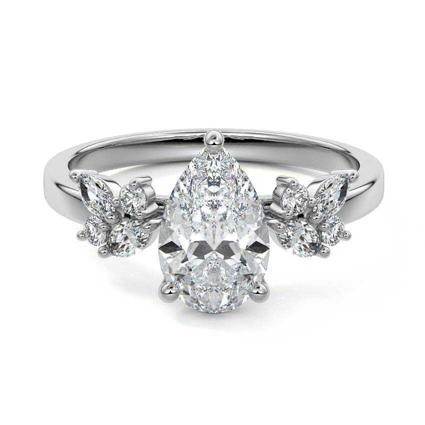 Platinum Pear Diamond Side Stone Ring with Cluster Marquise and Round Accents