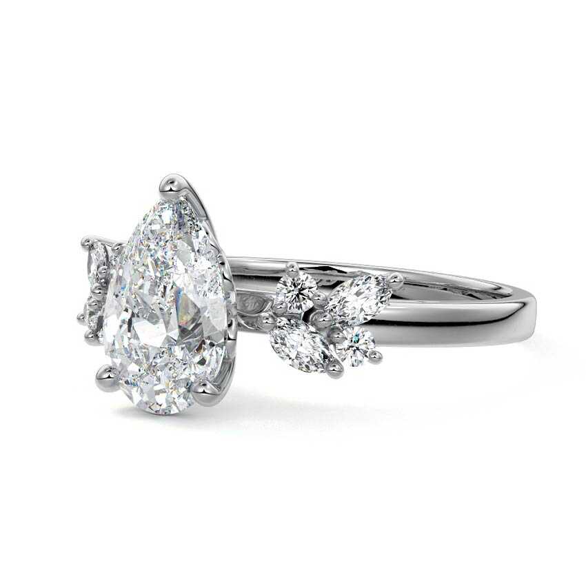 Platinum Pear Diamond Side Stone Ring with Cluster Marquise and Round Accents