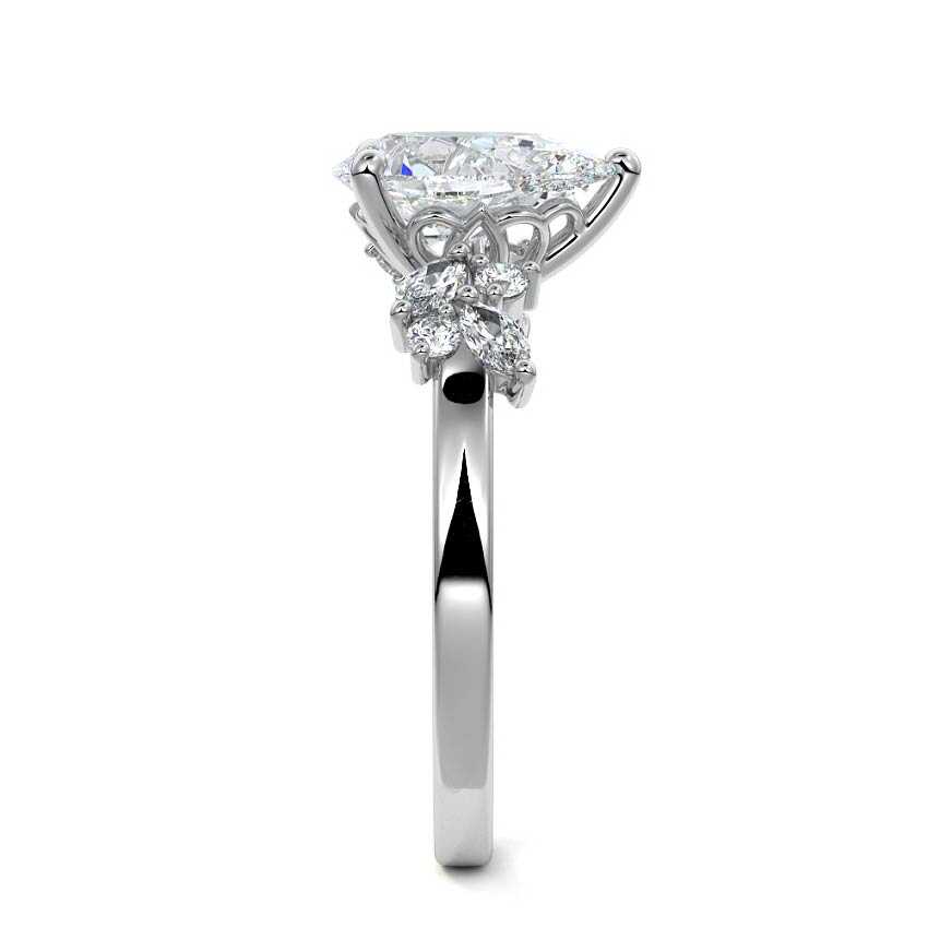 Platinum Pear Diamond Side Stone Ring with Cluster Marquise and Round Accents