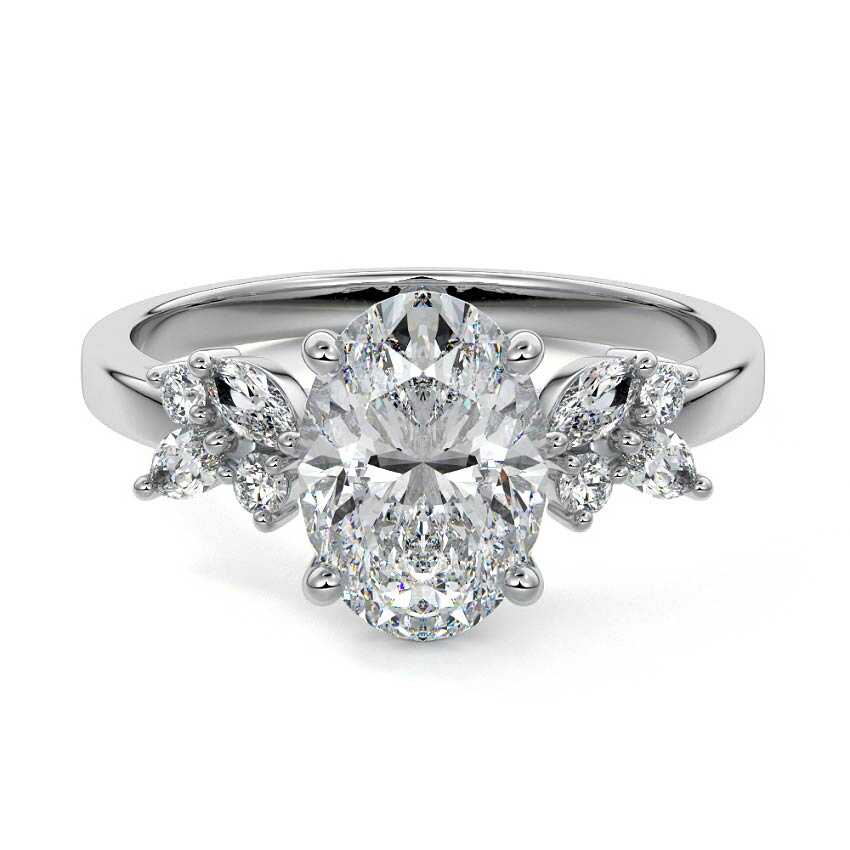 Platinum Oval Diamond Side Stone Ring with Cluster Marquise and Round Accents