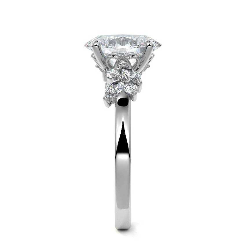 Platinum Oval Diamond Side Stone Ring with Cluster Marquise and Round Accents