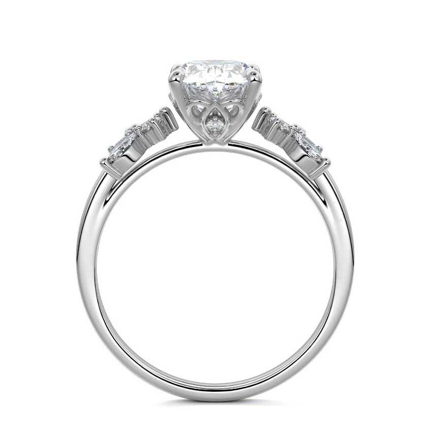 Platinum Oval Diamond Side Stone Ring with Cluster Marquise and Round Accents