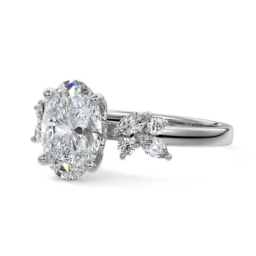 Platinum Oval Diamond Side Stone Ring with Cluster Marquise and Round Accents